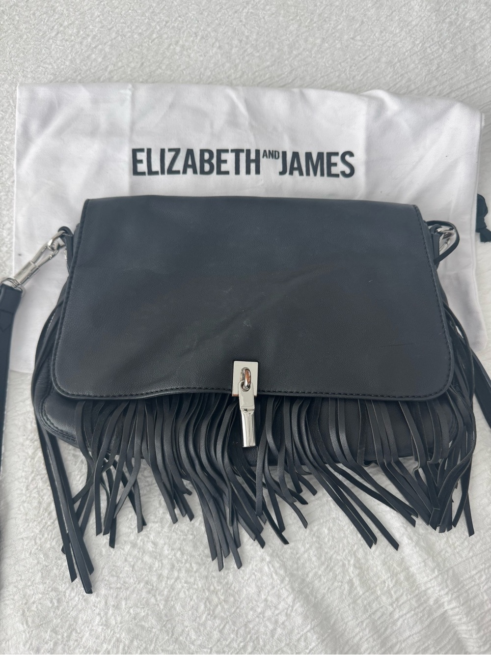 Elizabeth and James Black Leather Fringe Crossbody Bag with Silver-Tone Hardware